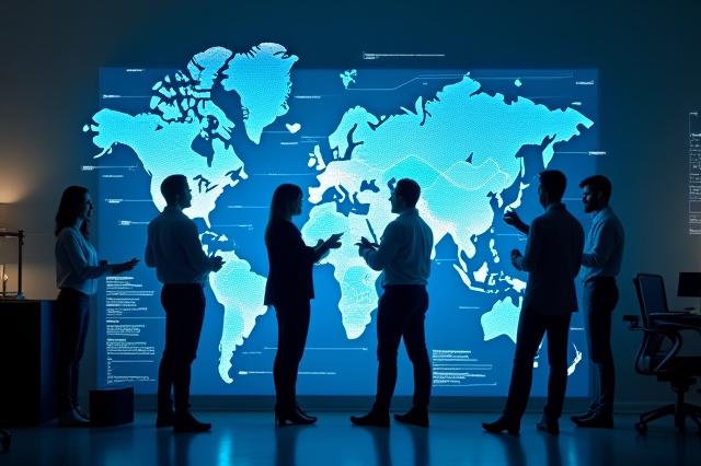 Riverbend Logistics team collaborating around a digital logistics map, representing mission, vision, and company story.