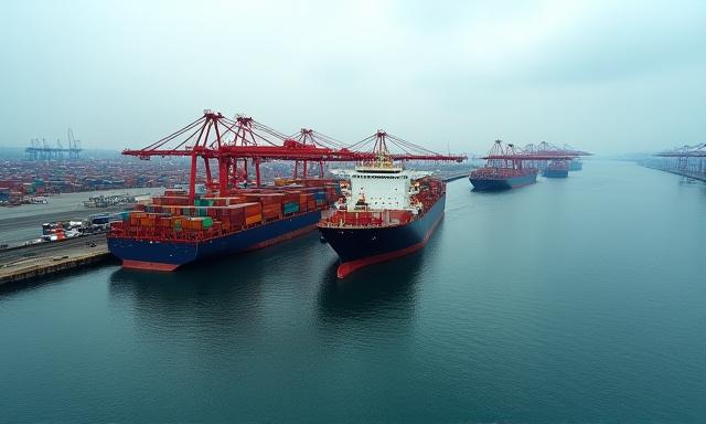 Busy shipping port with containers and ships, illustrating congestion