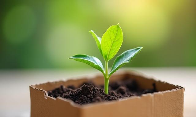 Green leaf growing from a shipping box, symbolizing sustainable logistics