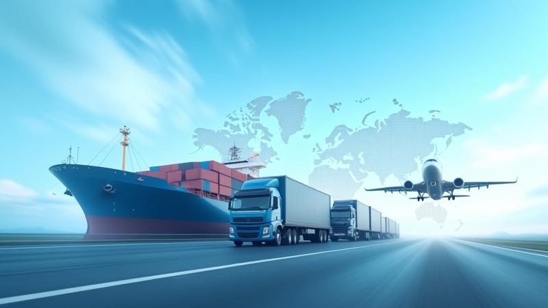 Global freight operations with cargo ships, trucks, and airplanes