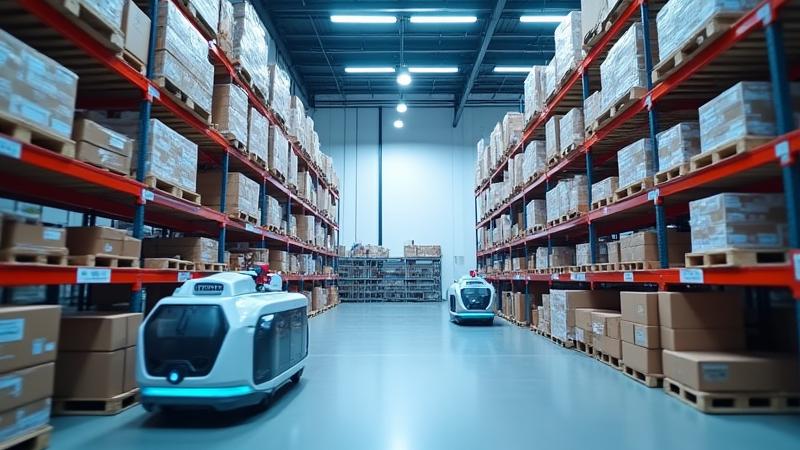 Modern warehouse interior with automated robots and organized shelving